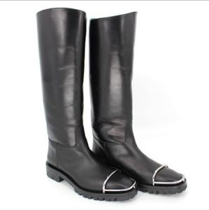Alexander Wang Black Leather Knee-High Combat Boots with Silver Toe Caps